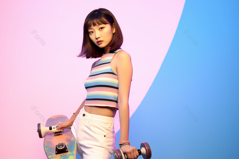 一位拿着坏掉的滑板时尚滑板青年女性,高清,摄影图,摄影图片,图片大全,摄影图免费下载